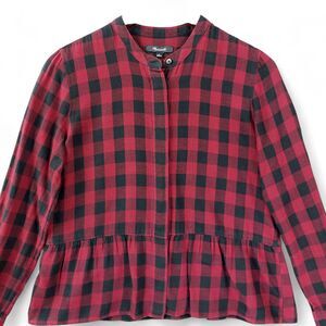 Madewell Shirt Womens Small Red Black Plaid Peplum Hem Long Sleeve Linen Blend